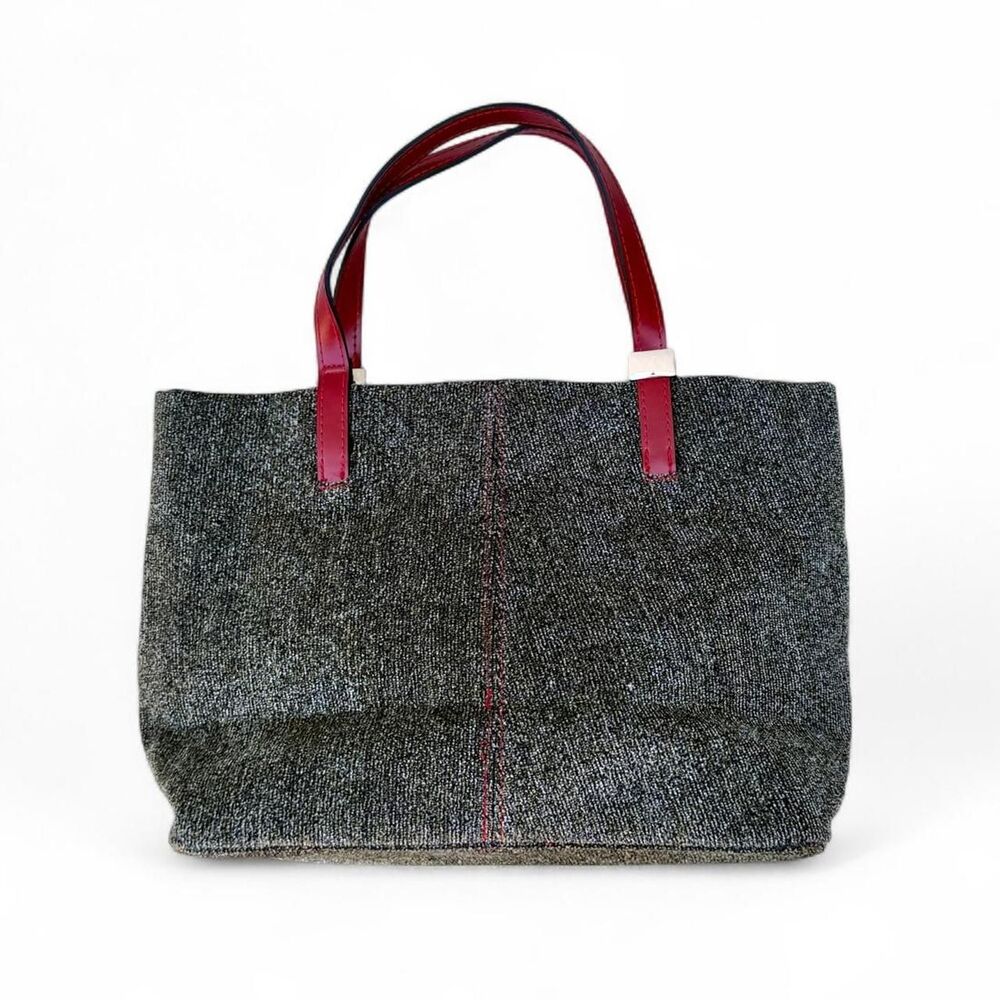 Lancome Grey Tweed Purse/Shoulder Bag With Red Handles